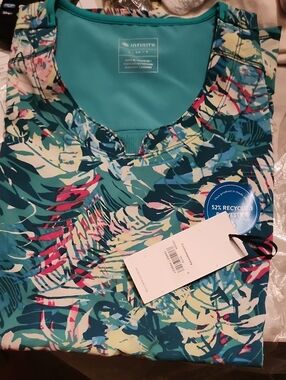 NFINITY Teal Tropical Print Scrub Top with Multicolor Accents Size Small